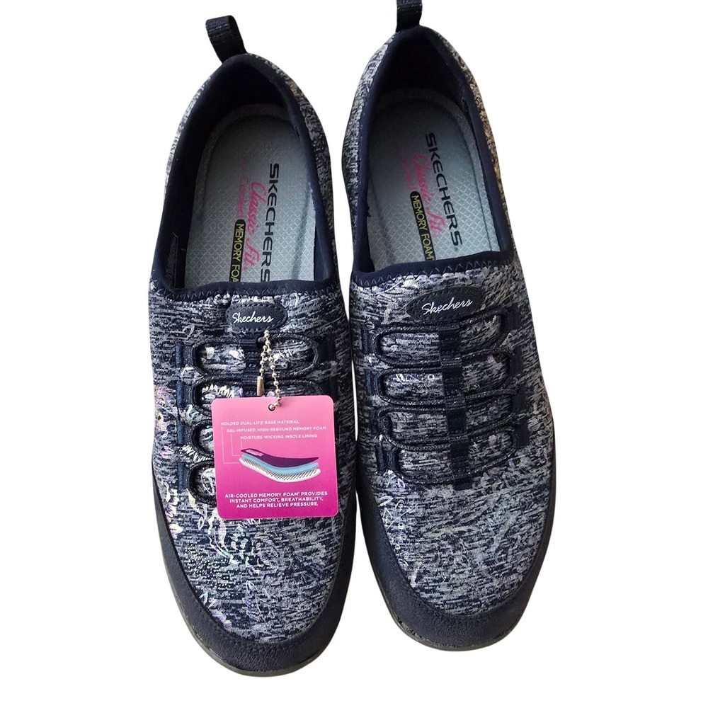 Skechers Classic Fit Navy‎ Floral Iridescent Slip On Sneakers 23119 Womans 9 NEW